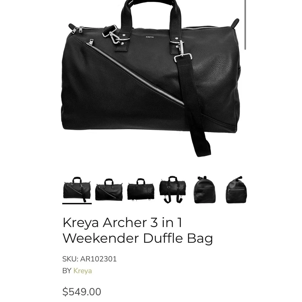 Kreya Archer Convertible Bag Black Pebbled Leather Duffel Backpack 3-in-1 Travel